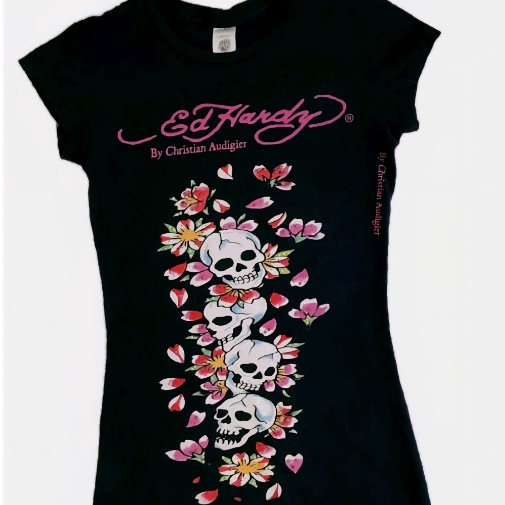 Vintage Ed Hardy Skull Floral Tee Dress 💀Y2K Graphic Bodycon Mini Black Sz. M - Picture 5 of 10